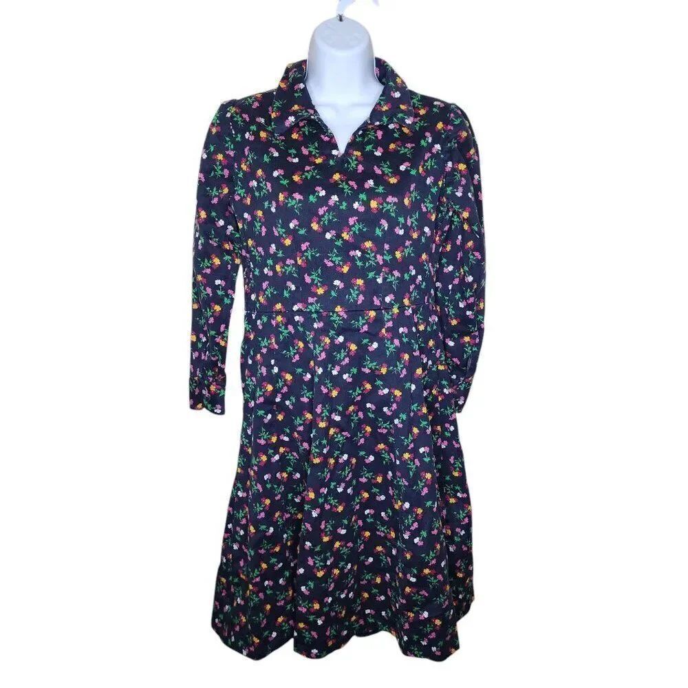 Vintage 70s Long Sleeve Fit Flare Dress Womens Size S Navy Blue Floral Cottage C